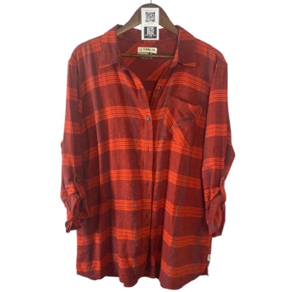 Magellan Outdoors Red and Orange Striped Button-Up Shirt// XL